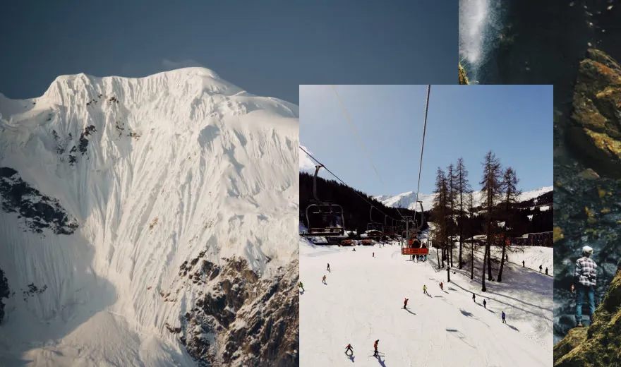 Photo collage of snowy mountains, ski chairs, and hikers