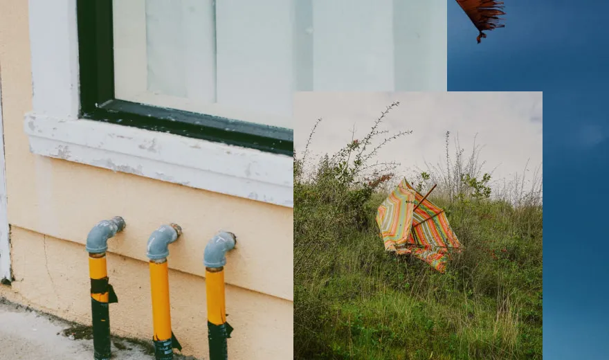 Photo collage of pipes, broken umbrella, blue sky