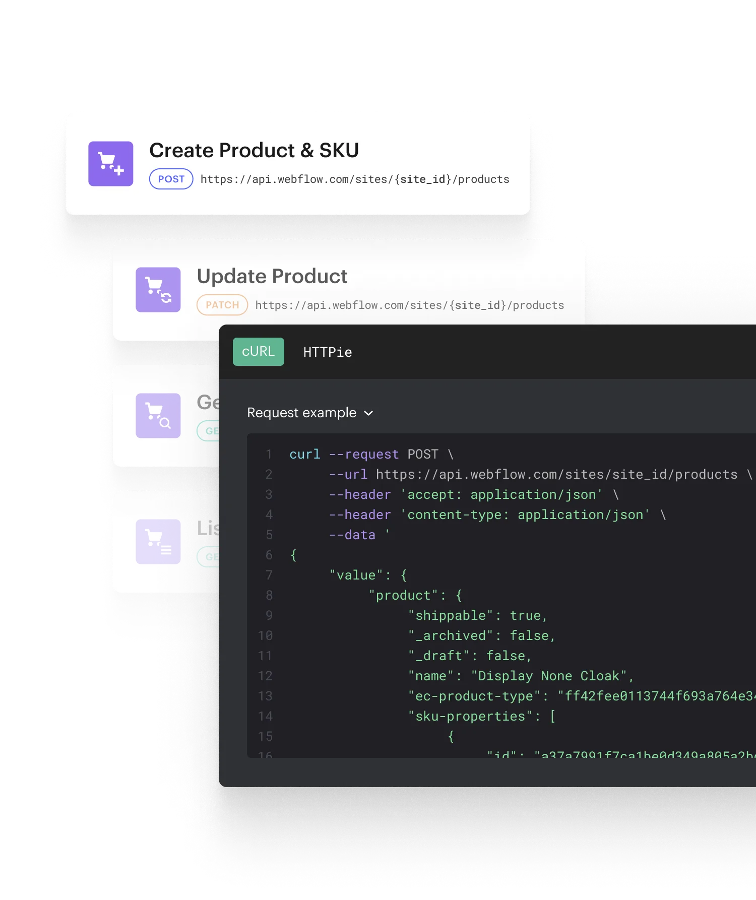 A dark code editor with a code snippet of an HTTP request example for the Ecommerce API sits over different request types paired with their methods like Create Product & SKU and 'Post', Update Product and 'Patch', and Get Product and 'Get'.