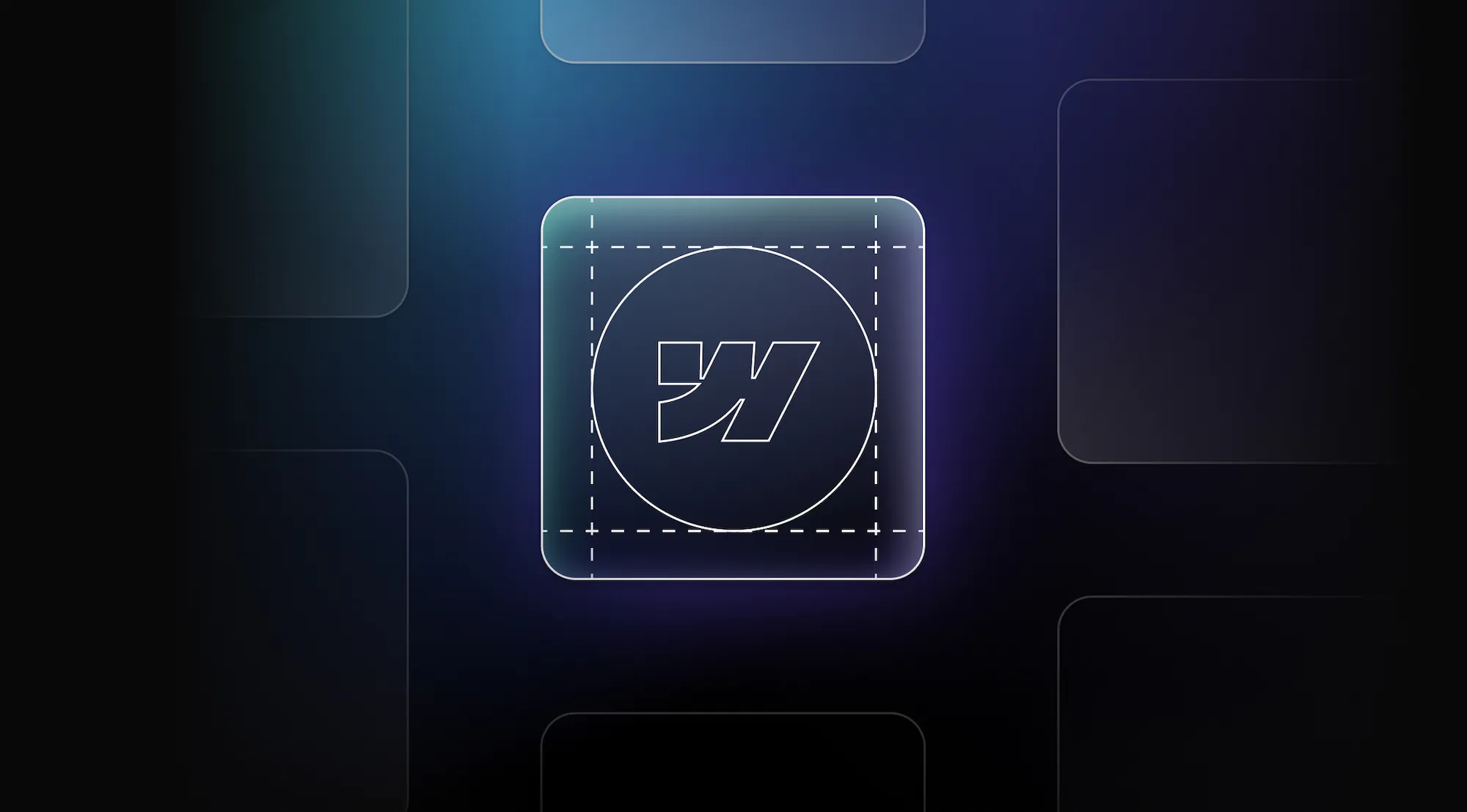App icon shapes float around a central app icon that shows dashed lines around a circle with the Webflow 'w' mark in the center.
