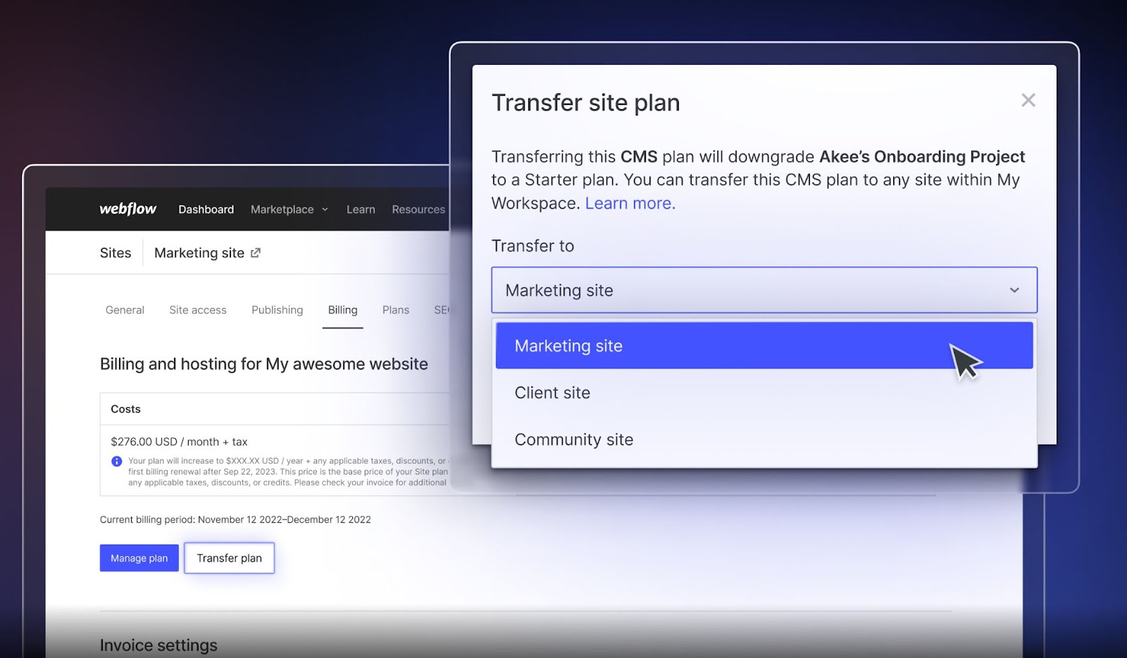 Now Workspace admins and owners can transfer Site plans from one site to another.