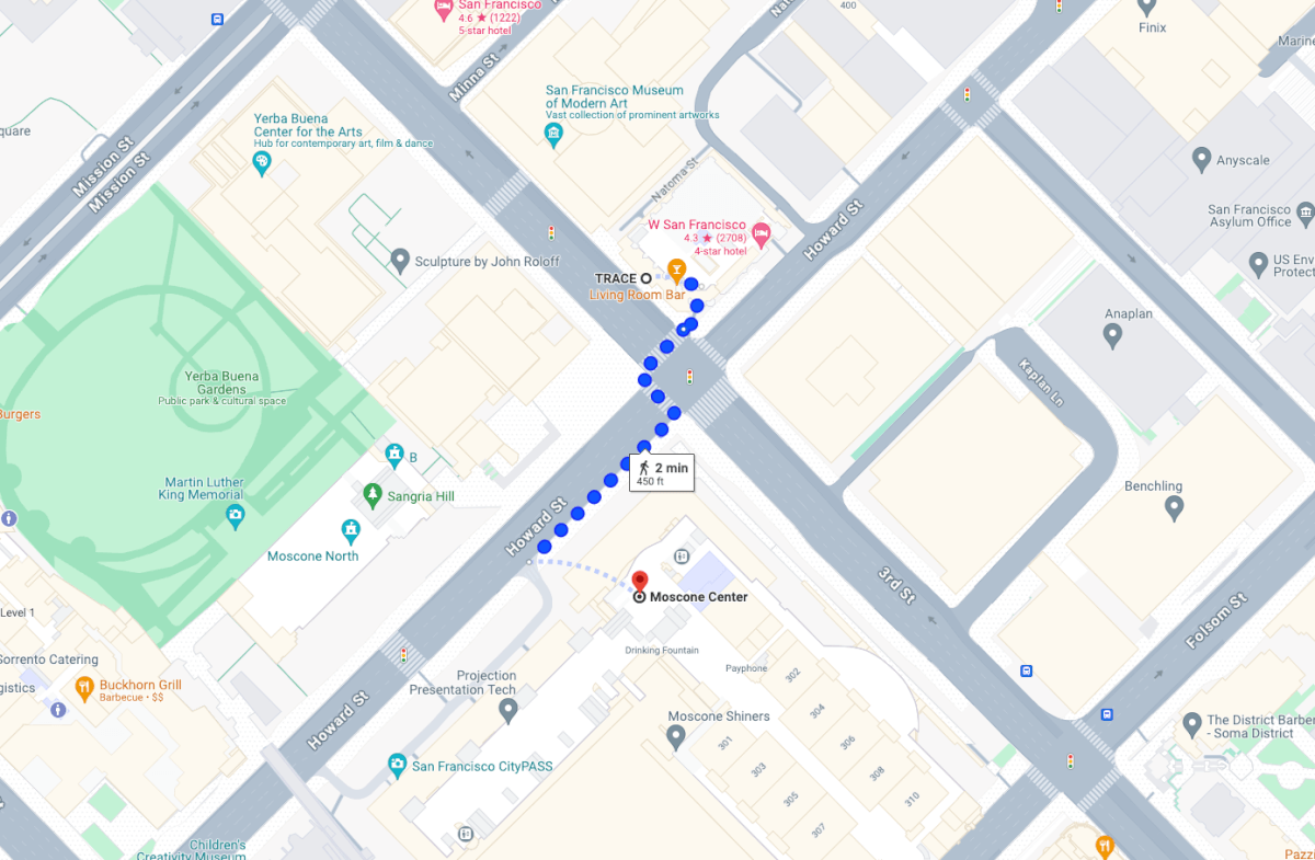 An image of a map showing the location of TRACE restaurant and W Hotel.