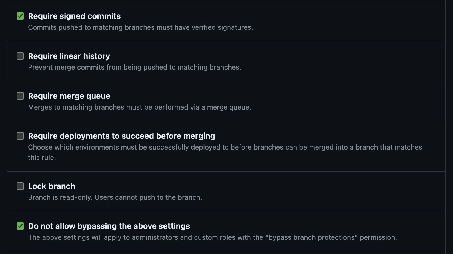 Example of branch protection rules