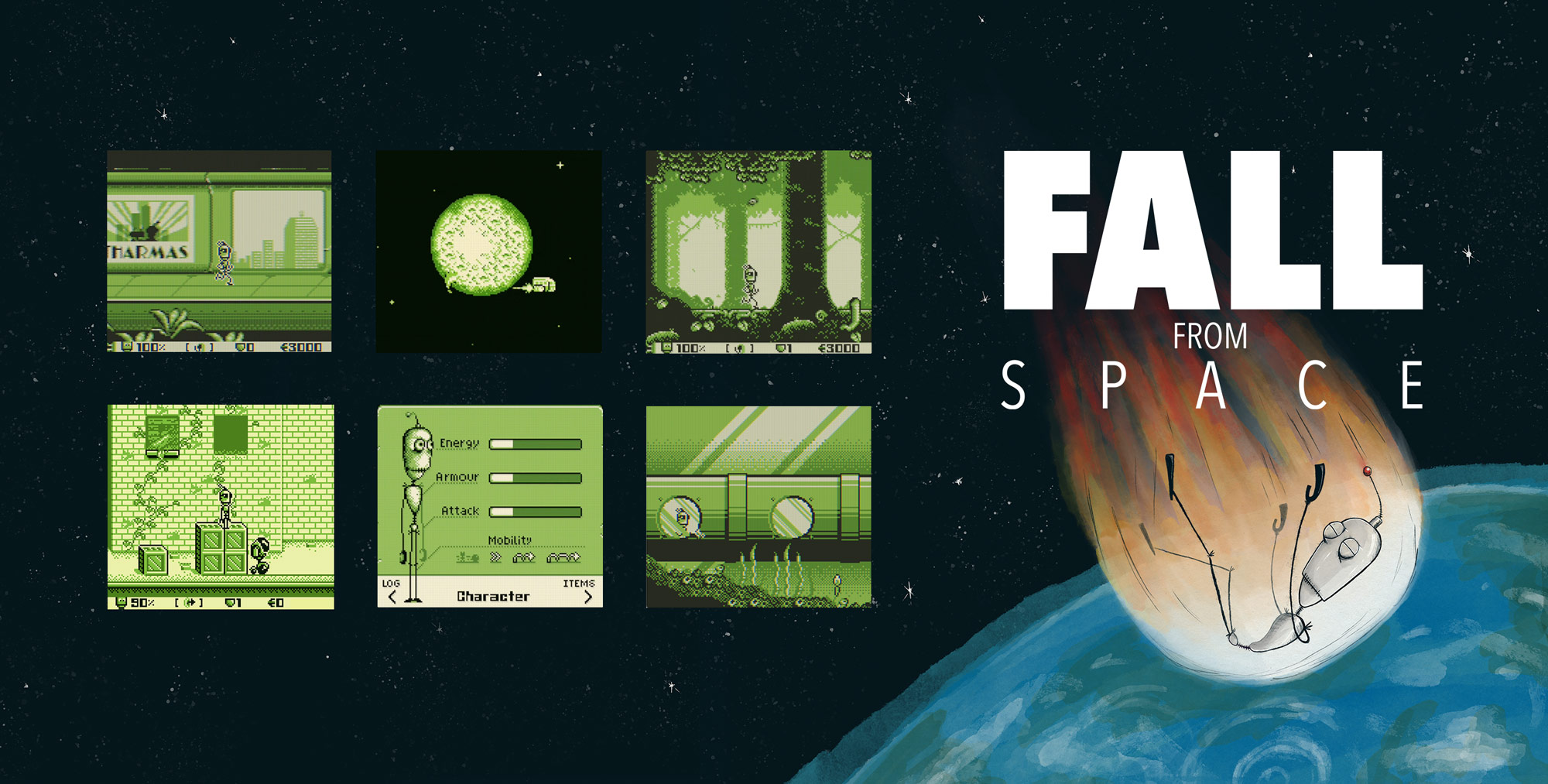 Fall from Space, a robot falls to a planet from space, screenshots show a platform rpg for the Gameboy in greenscale