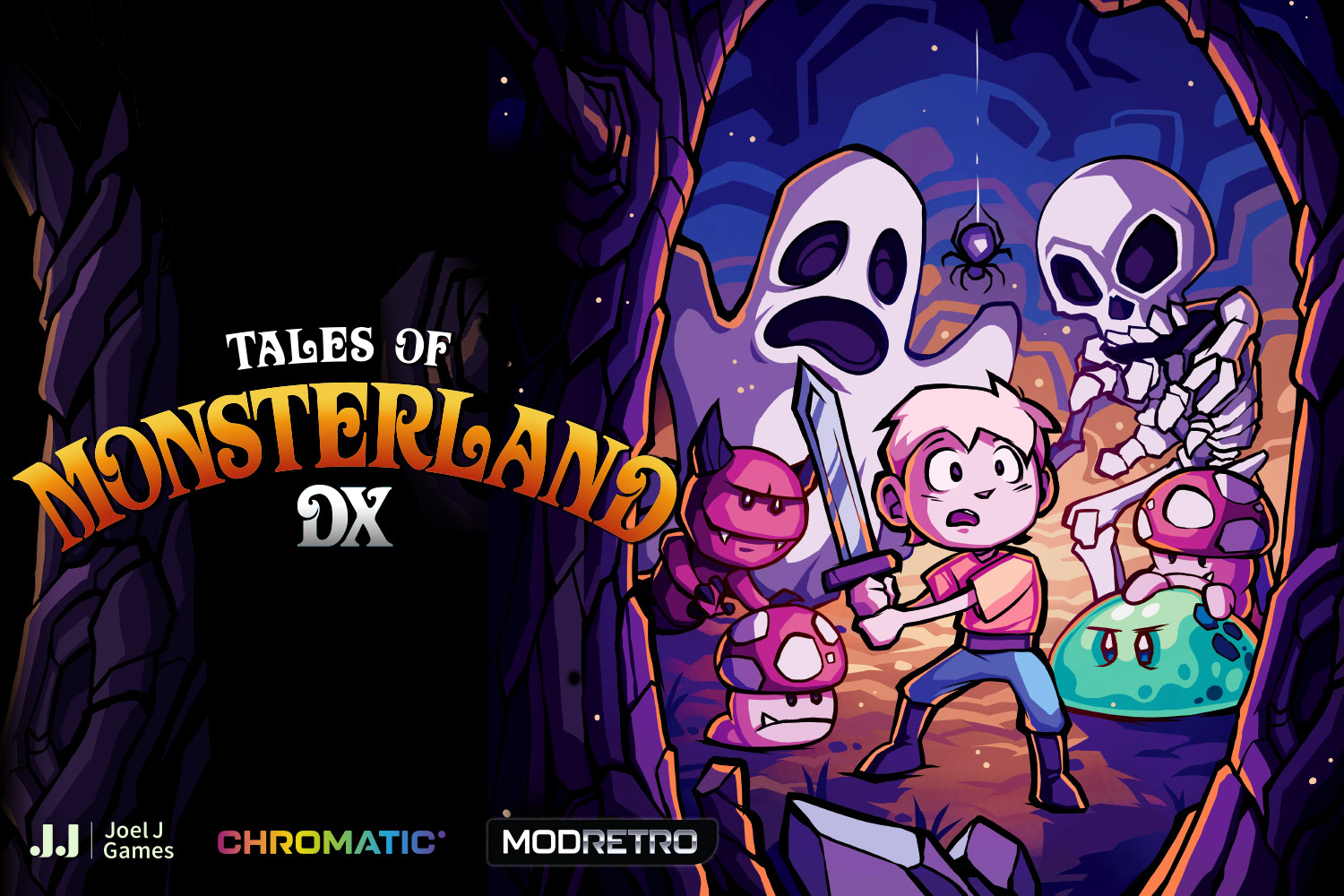 Tales of Monsterland DX logo and a child entering spooky woods with a sword and screenshots of Gameboy Color 8 bit platforming action