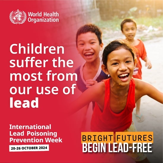 Social card which reads "Children suffer the most from our use of lead"