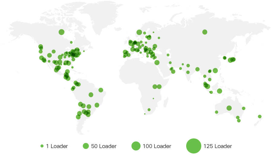 From the Cybersecurity Threat Landscape Report: The distribution of Emotet C2 loaders is shown by green circles on gray continents of this map of the globe.