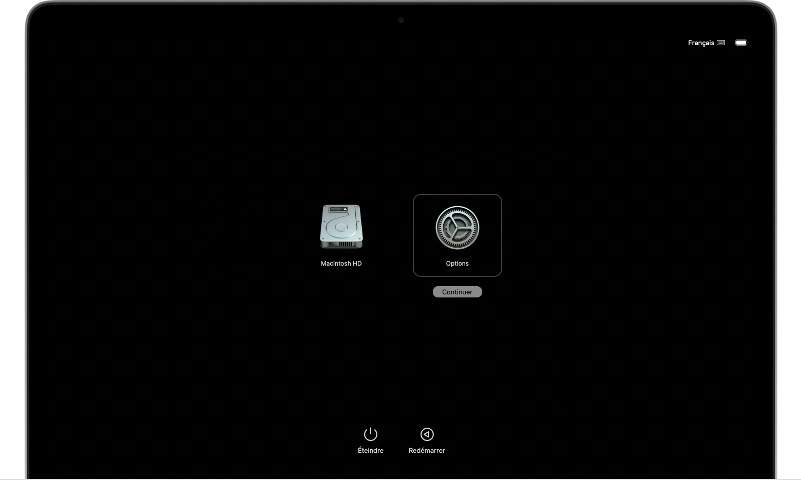 Écran de démarrage du mode de récupération avec « Options » sélectionné