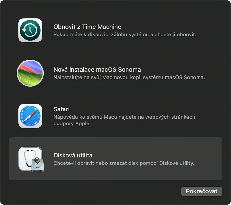 Okno Utility v Zotavení macOS