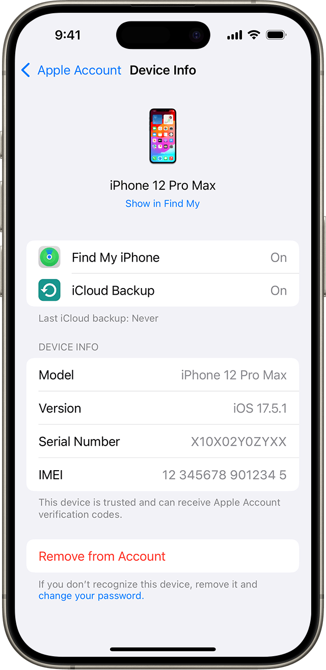 iPhone showing the Remove from Account button for a device