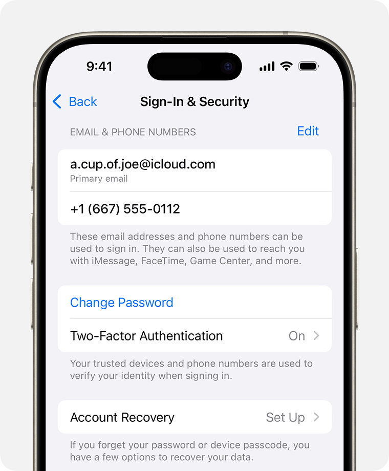 Zoek in de instellingen van Apple Account de e-mailadressen en telefoonnummers die je kunt gebruiken om in te loggen bij je Apple Account