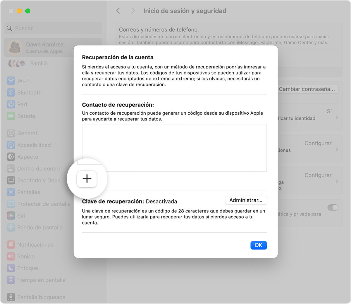 Una pantalla de Mac en la que se muestra cómo agregar un contacto de recuperación