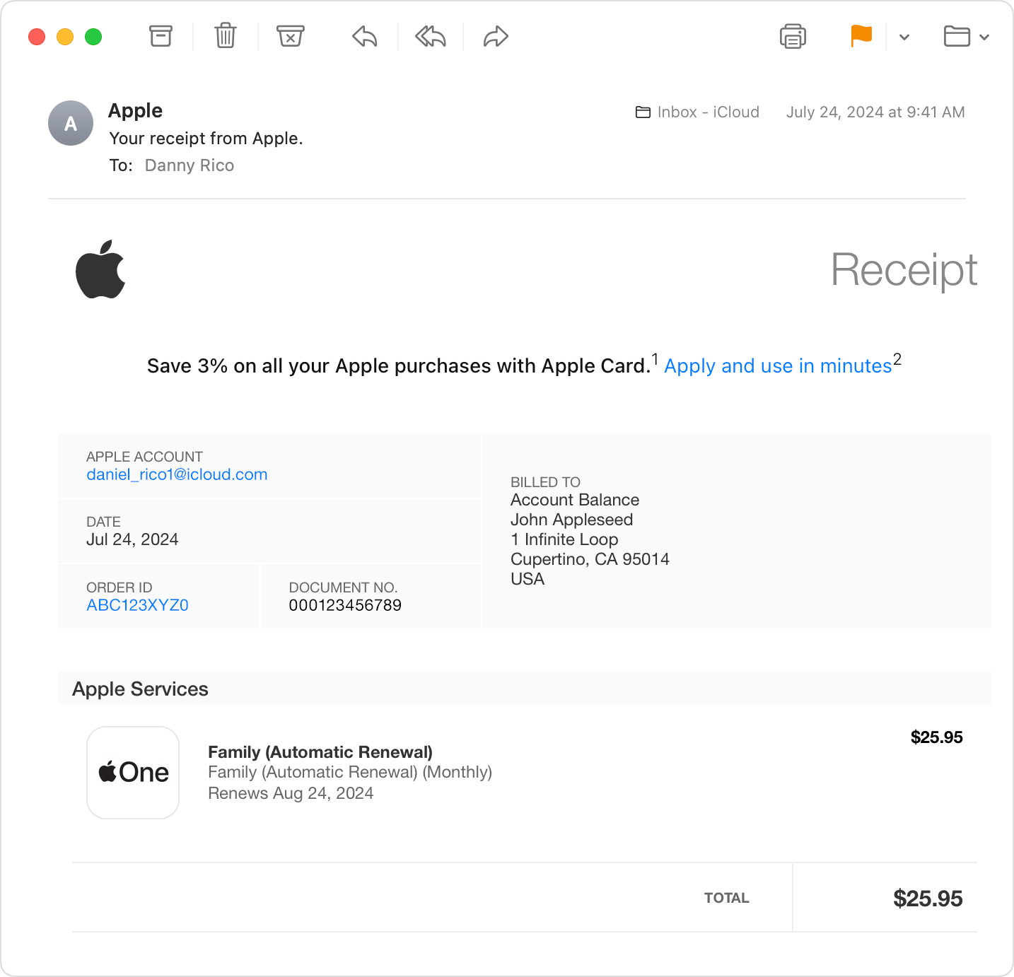 Un e-mail de reçu pour un achat d’abonnement Apple One.