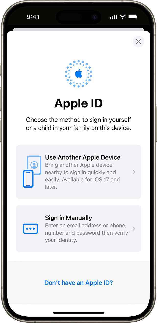 I iPhone-indstillinger kan du logge ind manuelt med dit Apple-id eller bruge en anden Apple-enhed.