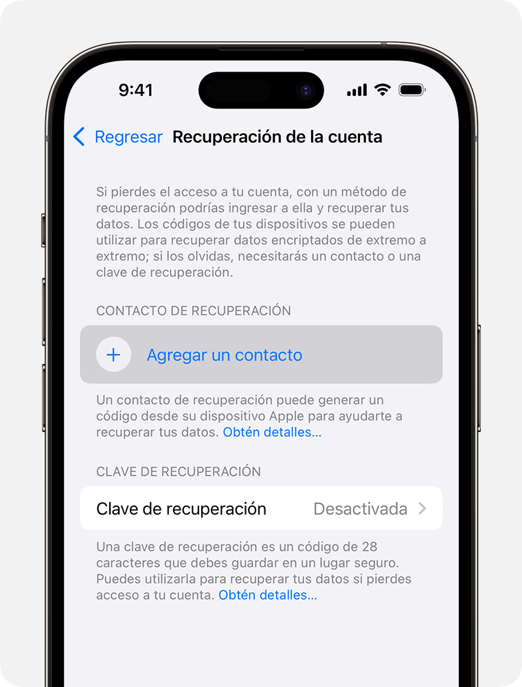 Una pantalla de iPhone en la que se muestra cómo agregar un contacto de recuperación