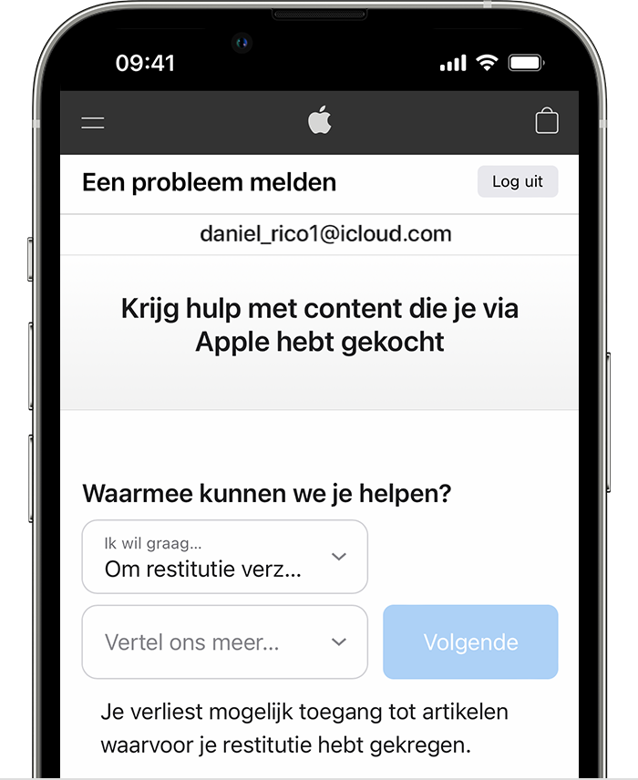 iPhone met de website voor het melden van een probleem waar je een terugbetaling kunt aanvragen. Nadat je 'Om restitutie verzoeken' hebt gekozen, kies je de reden waarom je de terugbetaling aanvraagt.