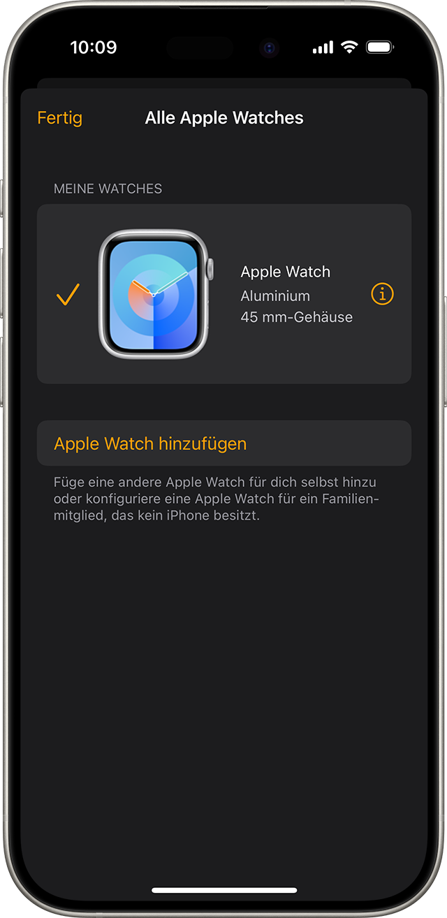 iPhone-Bildschirm, auf dem „Alle Apple Watches“ in Apple Watch-App angezeigt werden