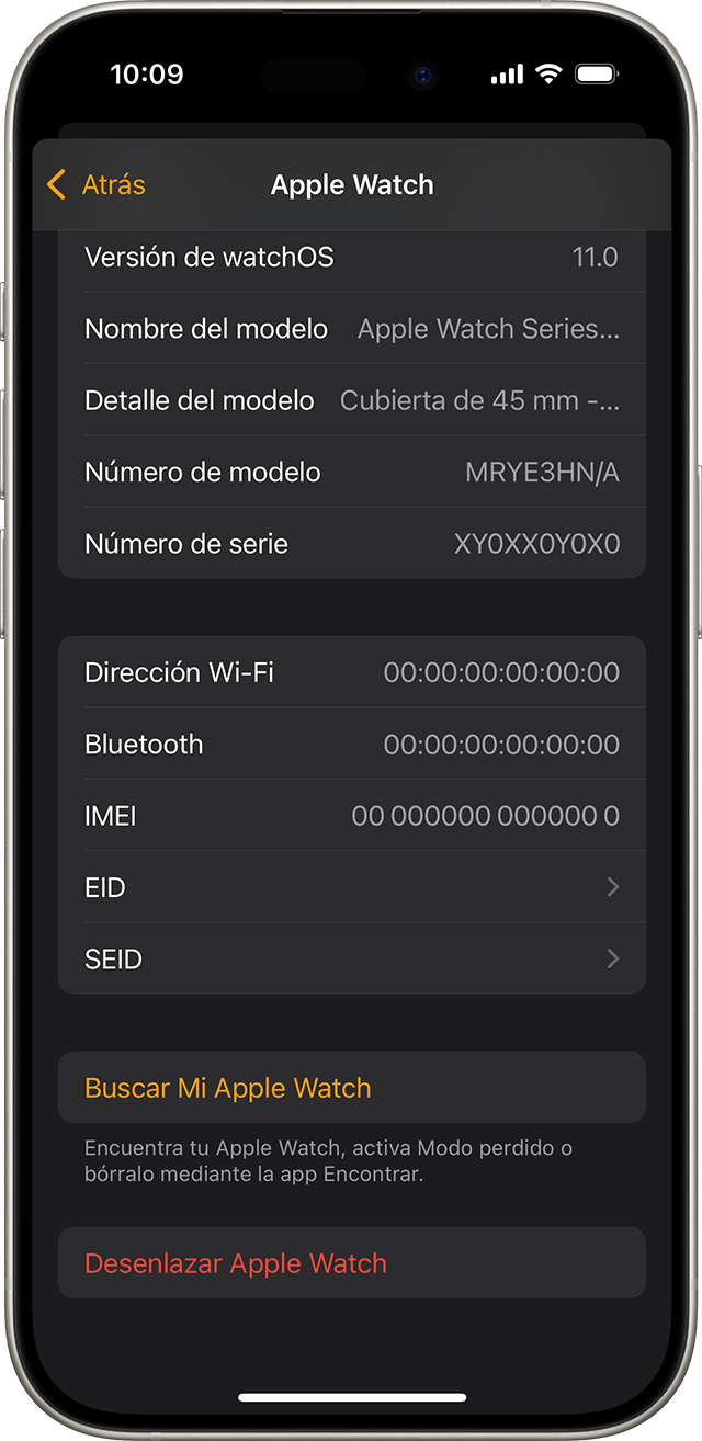 Pantalla de un iPhone en la que se muestra la opción Desenlazar Apple Watch