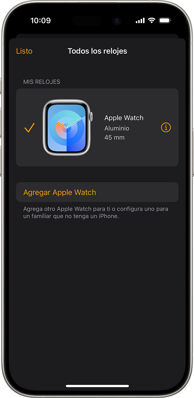 Pantalla de un iPhone en la que se muestra Todos los relojes en la app Apple Watch