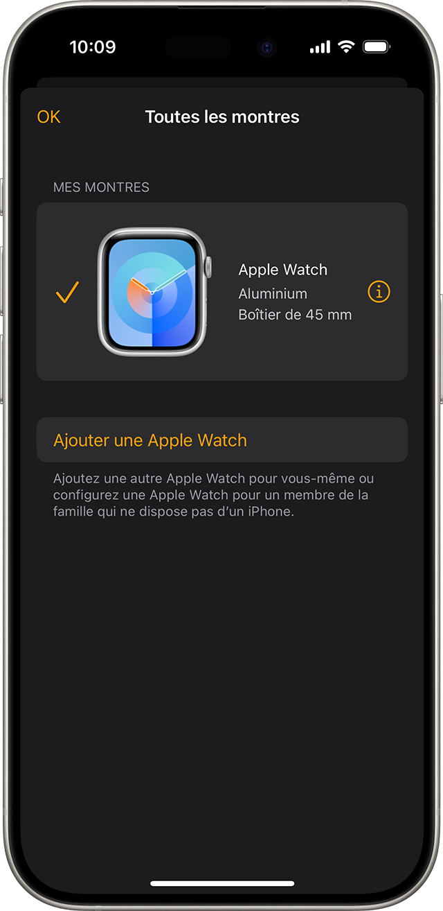 iPhone affichant l’écran Toutes les montres dans l’app Apple Watch