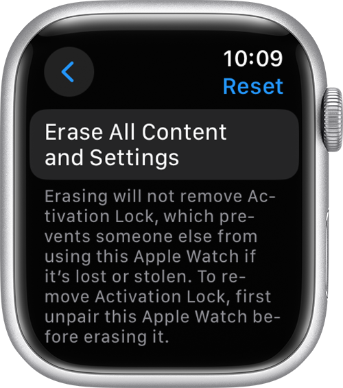 Apple Watch showing Erase All Content and Settings