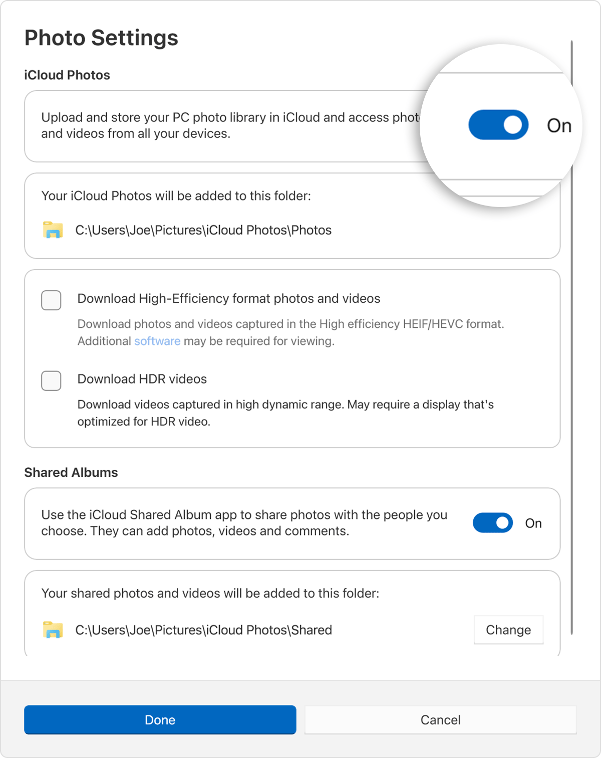 사진 설정의 iCloud 사진 아래에 있는 토글 버튼을 켭니다.