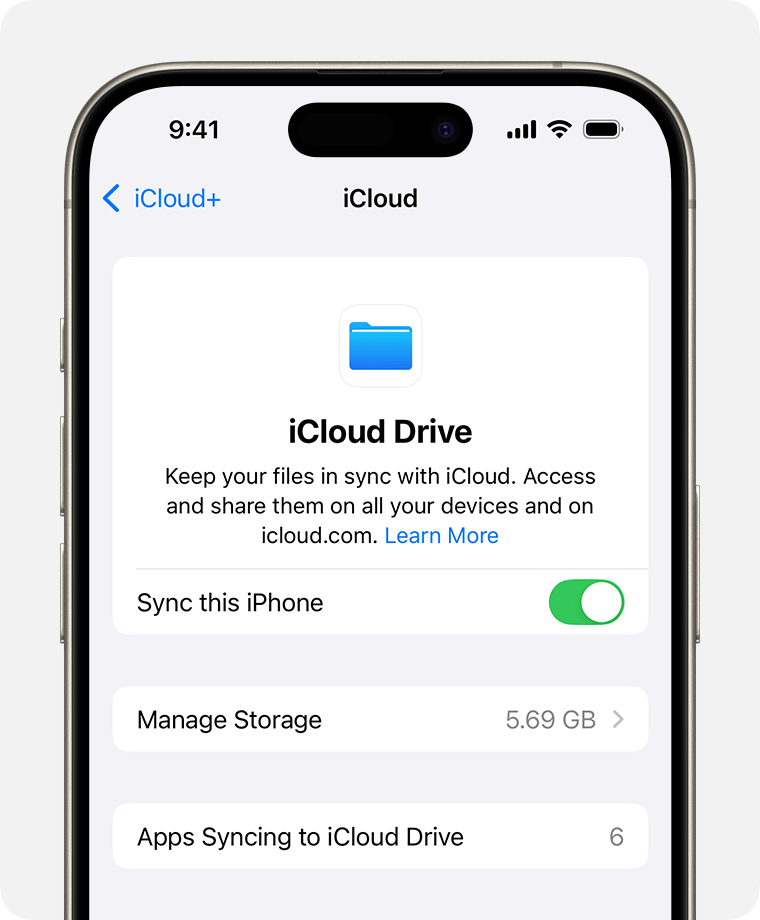 iPhone screen showing the toggle to turn on iCloud Drive.