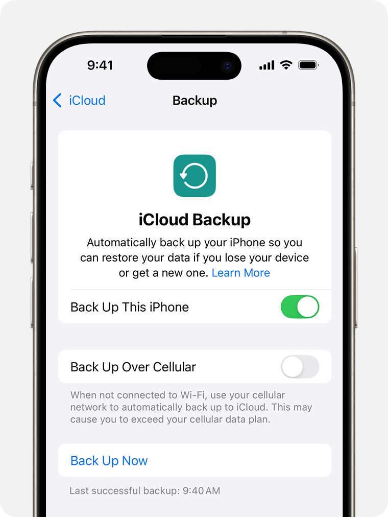 An iPhone showing iCloud Backup settings and a button to Back Up Now