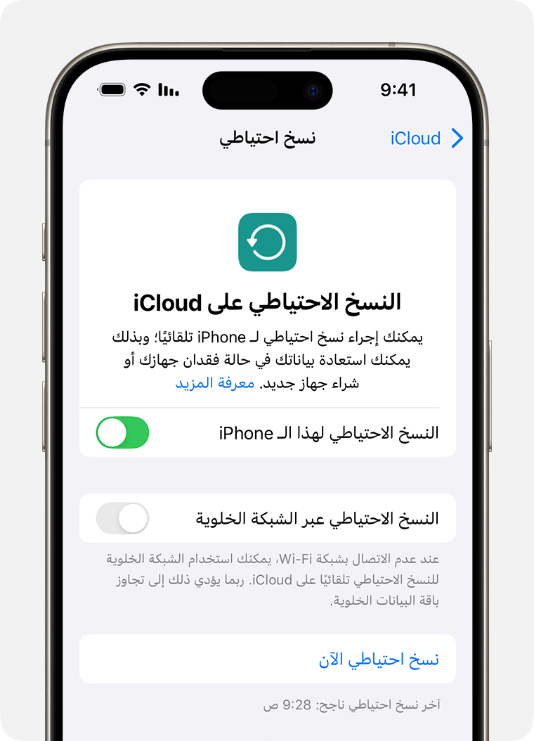 iPhone يعرض إعدادات النسخ الاحتياطي على iCloud وزر "نسخ احتياطي الآن"