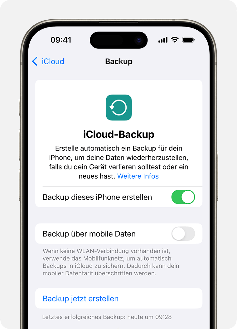 Ein iPhone, auf dem die Einstellungen für das iCloud-Backup und die Taste „Backup jetzt erstellen“ angezeigt werden.