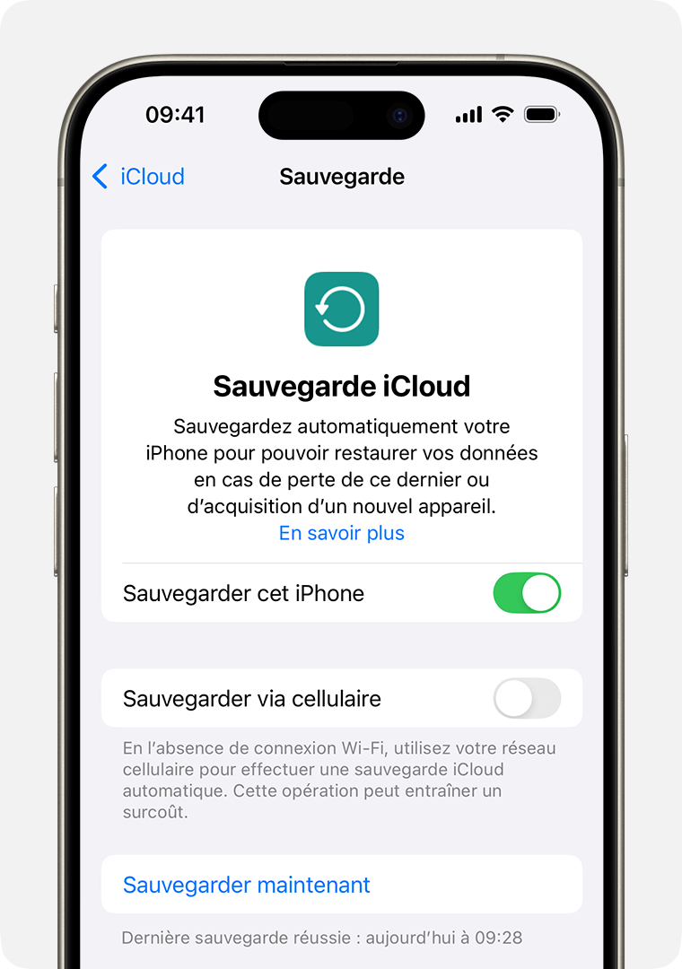 iPhone affichant les réglages de sauvegarde iCloud et le bouton Sauvegarder maintenant