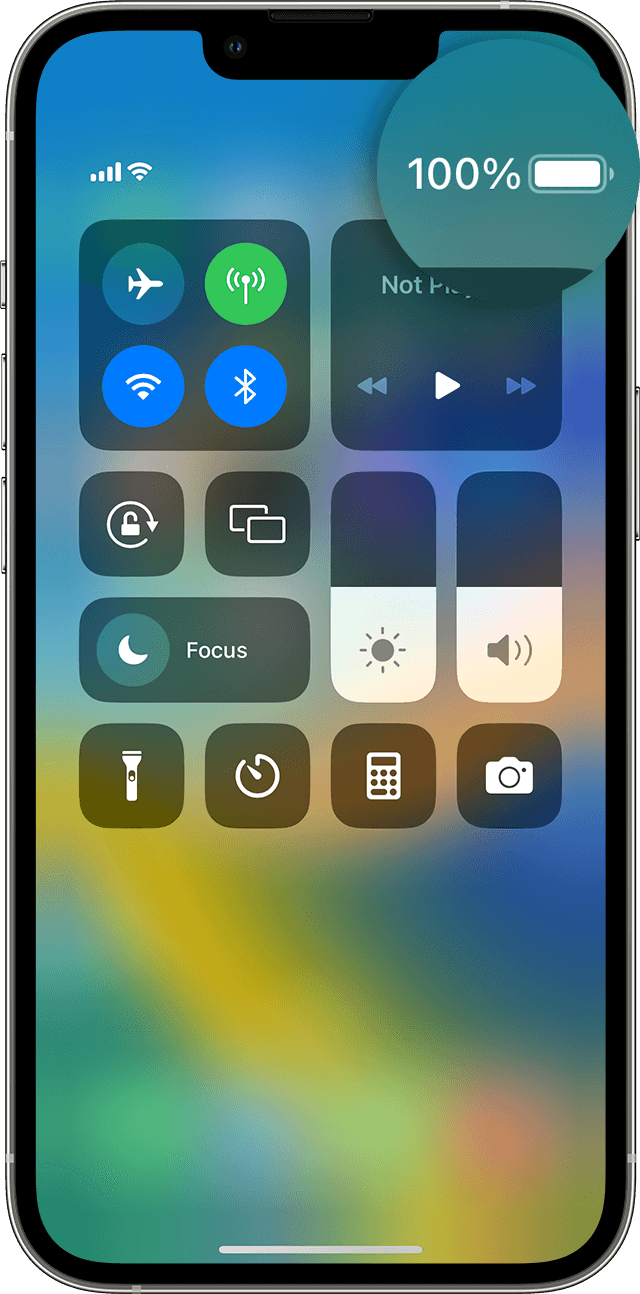 iPhone screen with Control Centre showing the battery percentage at 100%