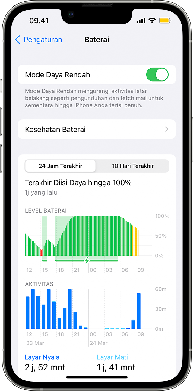 iPhone di layar Pengaturan > Baterai. Mode Daya Rendah dinyalakan dan ada ikon baterai berwarna kuning di bar status.