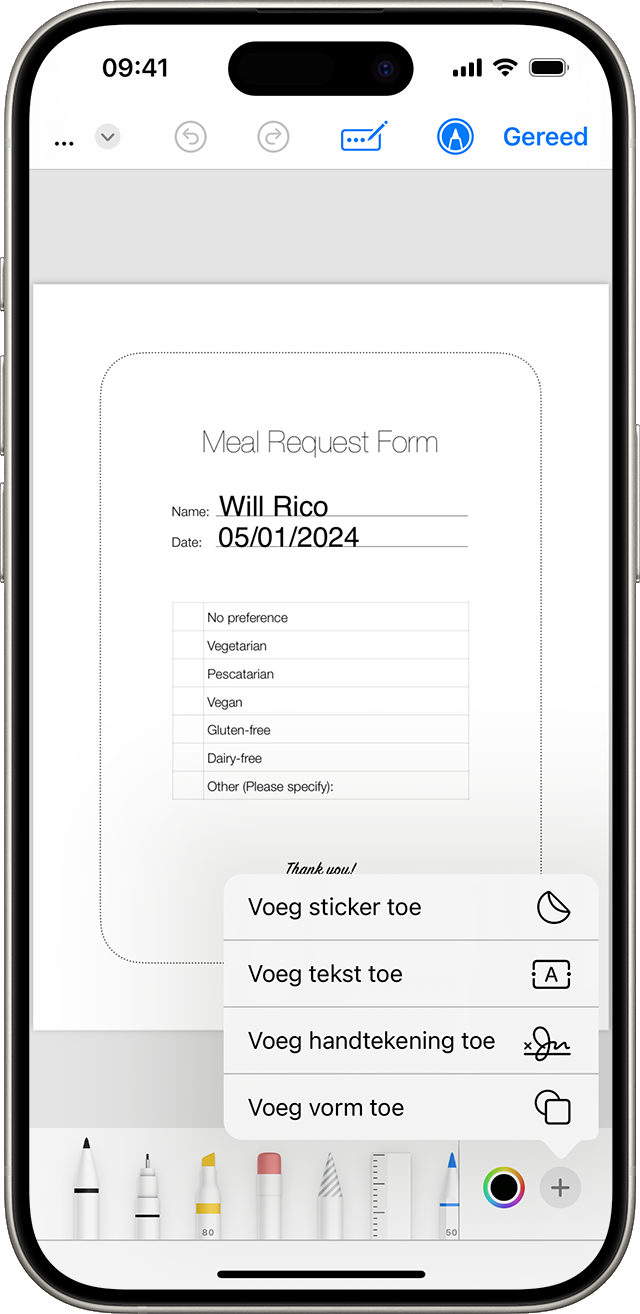 In iOS 17 kun je Markeringen gebruiken om tekst, vormen of zelfs een handtekening toe te voegen aan documenten en afbeeldingen.