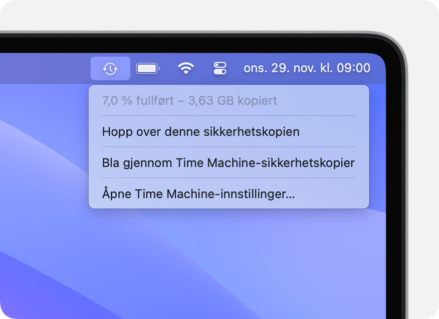 Time Machine-meny hvor en pågående sikkerhetskopiering vises