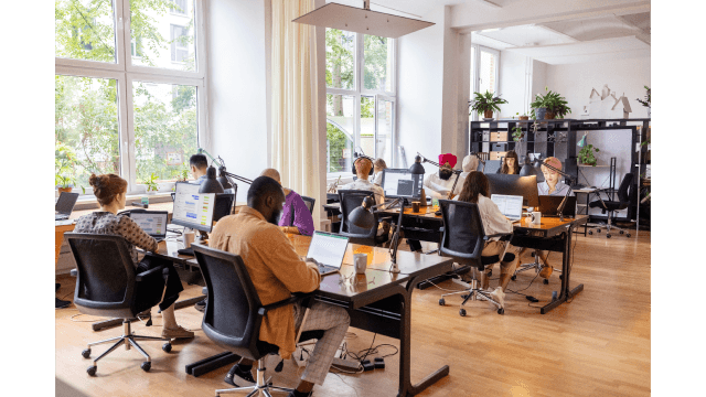 A bright open plan workspace with people sitting at their computers.