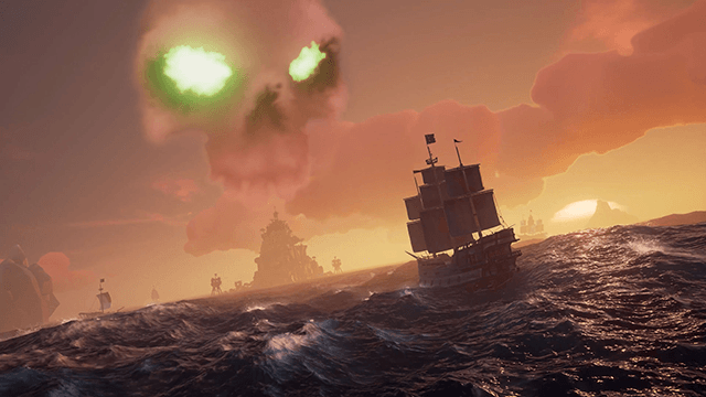 A skull cloud forms over an island in Sea of Thieves game.