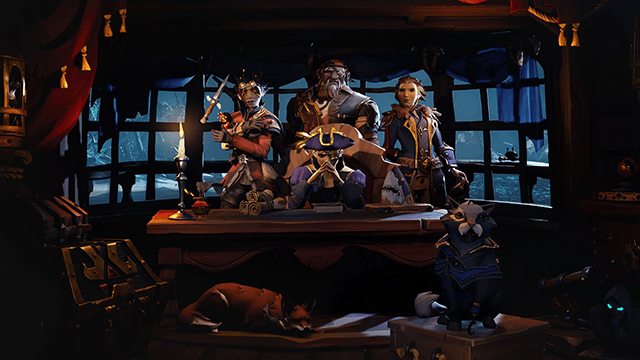 Captain and crew in his quarters, Sea of Thieves.