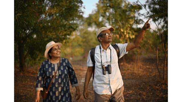 A senior couple walking on a forest path, looking at birds.