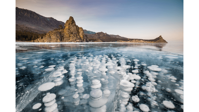 Bubbles in the ice on Lake Baikal in winter, Siberia.