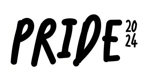 A black and white sticker with the word PRIDE and 2024. This sticker represents LGBTQ+ pride and support for the community.