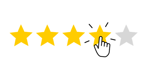 Four star rating animation, with a click icon.