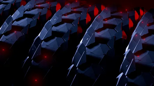 Black metal mech rows with glowing red lights