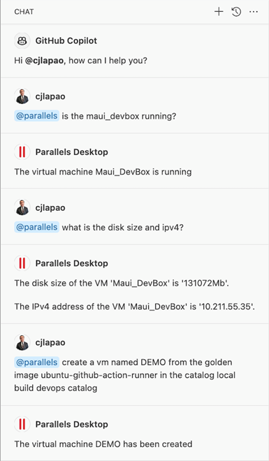 Screenshot of the Parallels chat participant in the Chat view in VS Code.