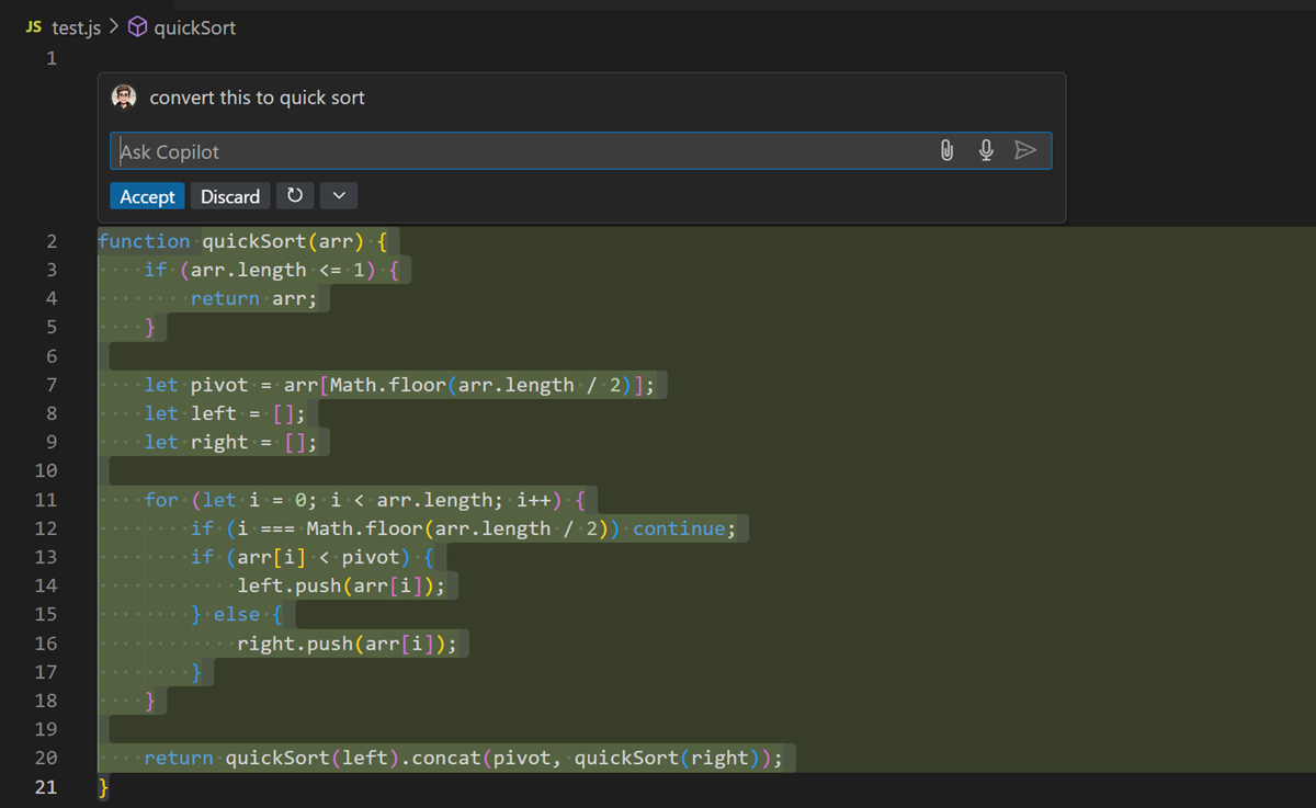 Copilot Inline Chat asking to convert a sort alogrithm to use bubble sort