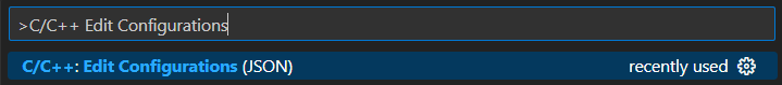 Command Palette filtered on C/C++ Edit Configurations (JSON) command