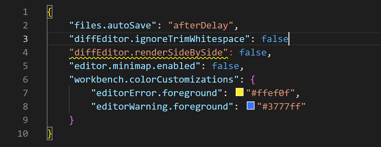 JSON code to alter error/warning squiggle colors