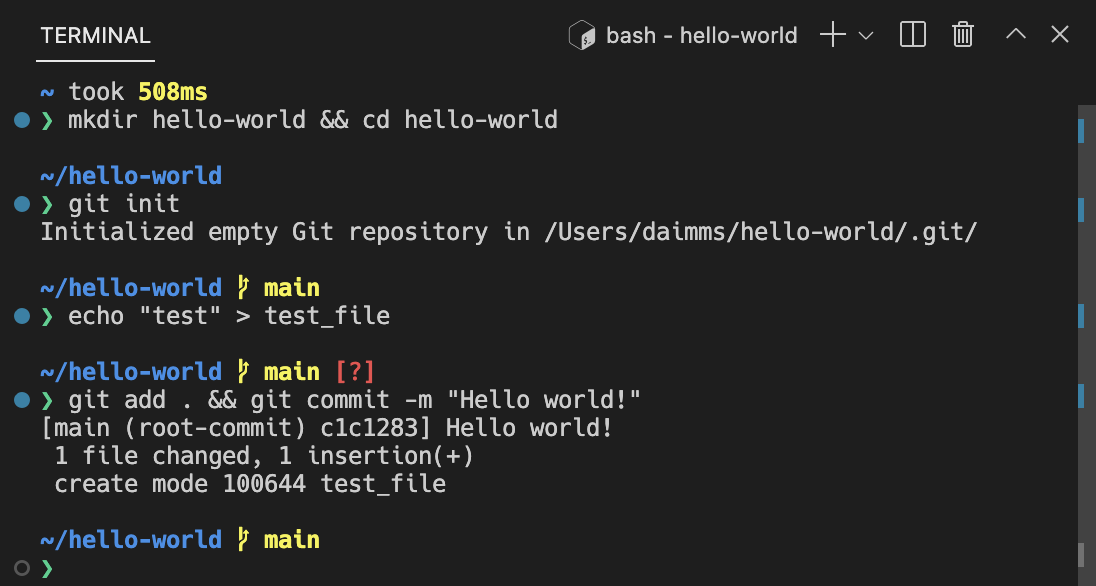 The integrated terminal can run commands such as mkdir and git just like a standalone terminal. VS Code's terminal has additional functionality called shell integration that tracks where commands are run with decorations on the left of a command and in the scrollbar.