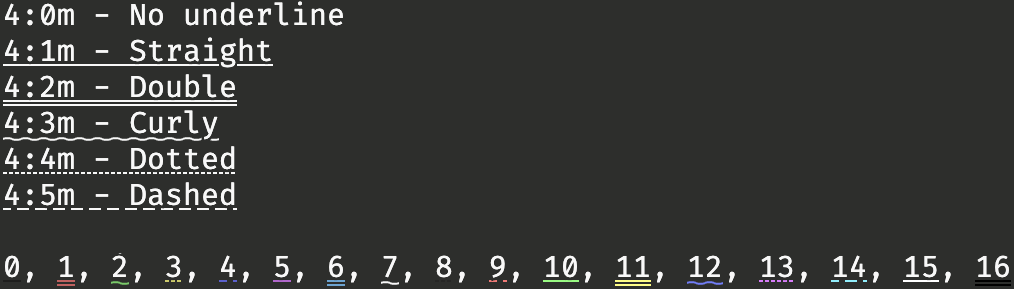 The terminal can now display straight, double, curly, dotted, and dashed underlines in any color