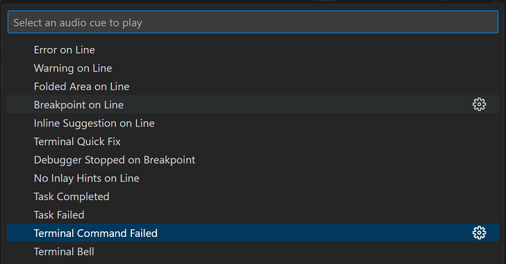 List Audio Cues dropdown with Terminal Command Failed cue selected